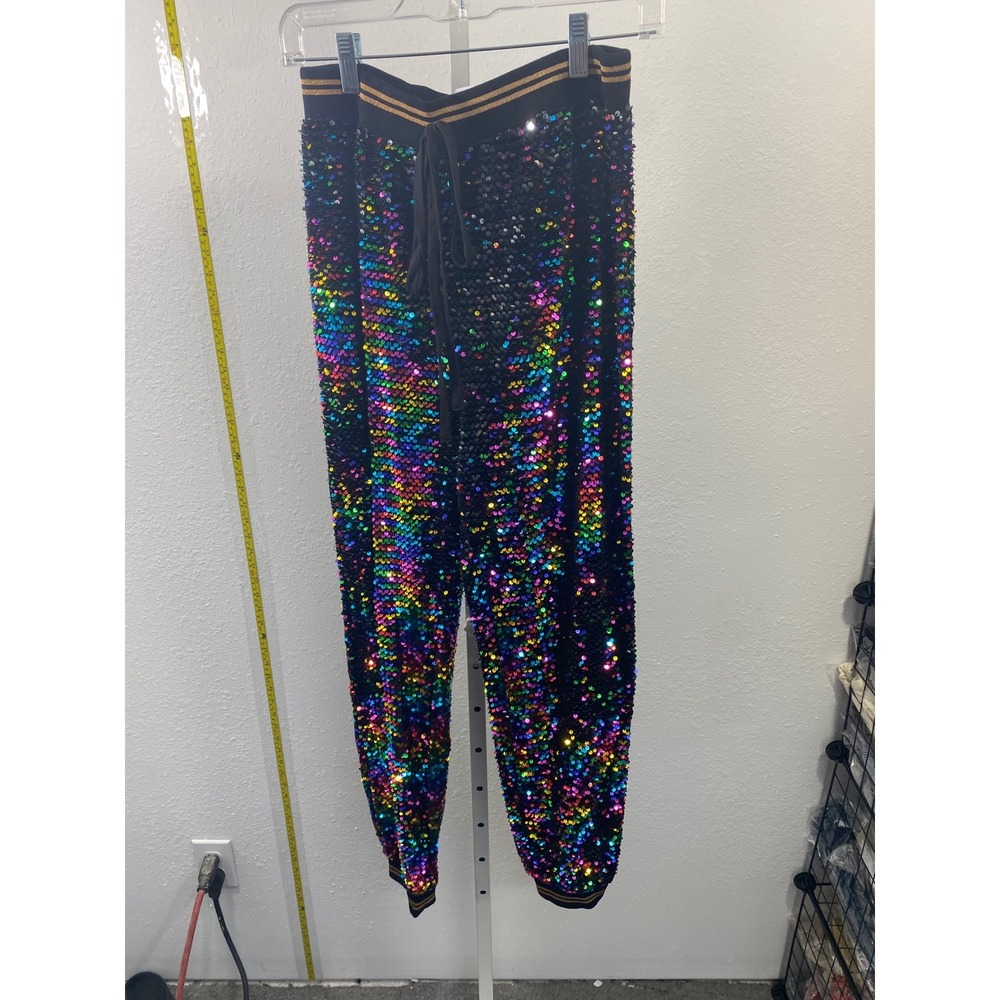 Rainbow Sequin Joggers Multicolor Sparkle Party Pants Black Gold Stripe Large
